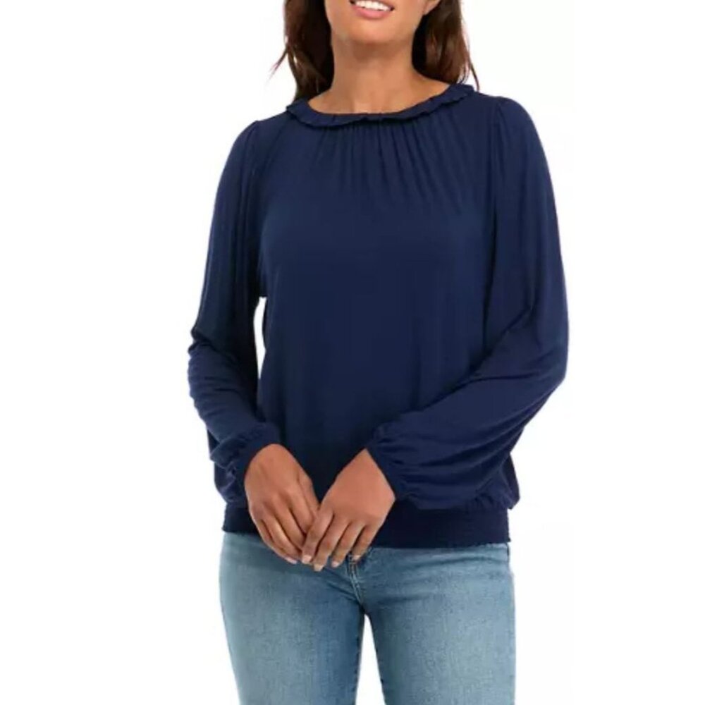 NWT Women's Wonderly Navy Banded Bottom Blouse Size Medium